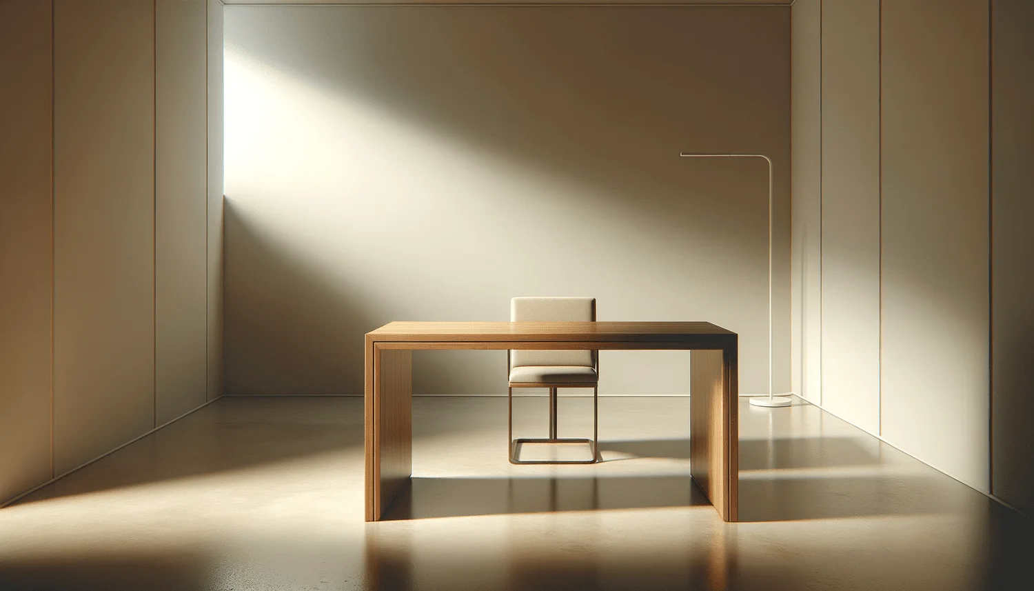 A quiet, sunlit office with a wooden desk and chair